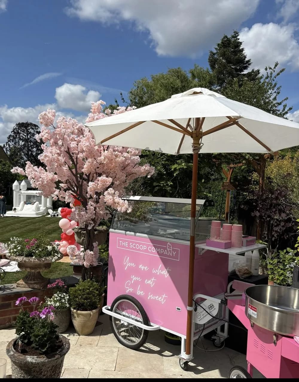 The pink gelato cart set up at an event